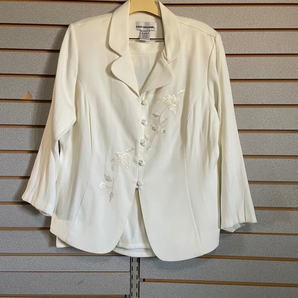 David Benjamin Skirt Suit 2 pc Set Floral Embroidered Occasion Party White Sz 18